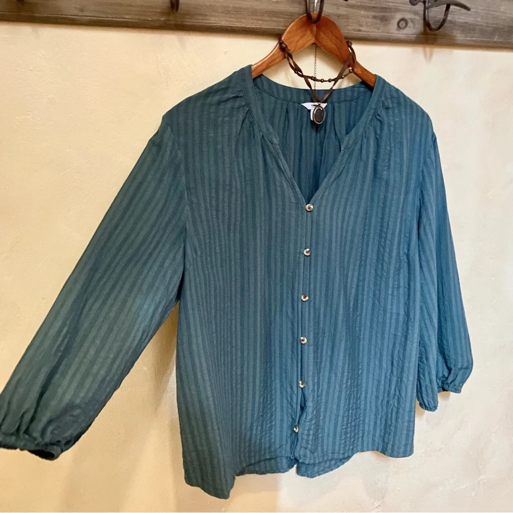 πͺΆ3/$35 SONOMA Embroidered Teal Green Button-Down Poof Sleeve Blouse-XL - Picture 4 of 16